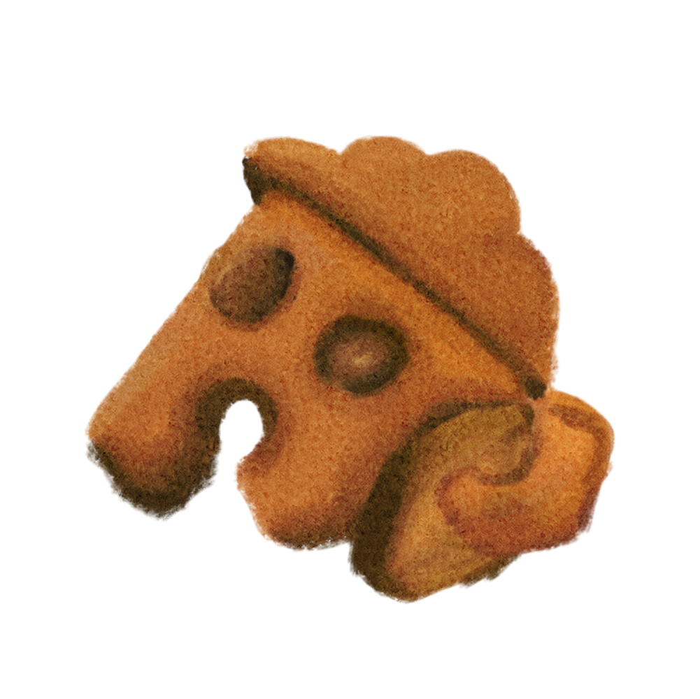 a gyroid fragment from animal crossing, it is a small, partially broken clay figure with round eyes and a round mouth, its tan in colour and has one arm on the right facing up.